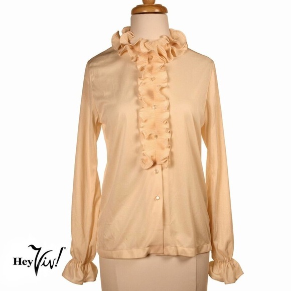 Vintage 70s 80s Gimbels Ivory Ruffle Button Up Blouse w Tags Sz Small - Hey Viv - Picture 1 of 7
